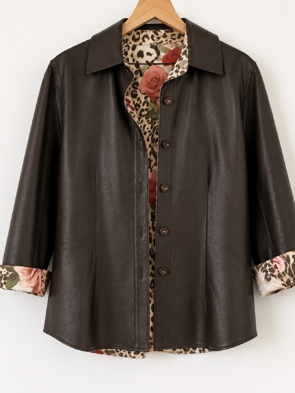 St. John Reversible Lamb Leather Jacket Brown‎ Animal Floral Print Size S